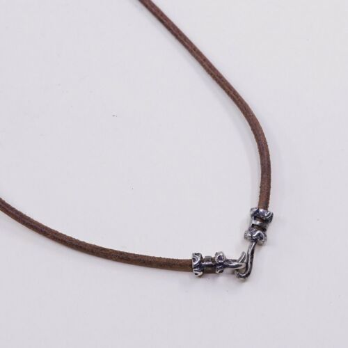 18”, Vtg USA Sterling 925 Silver Brass Disc Pendant W/ BROWN Leather Necklace