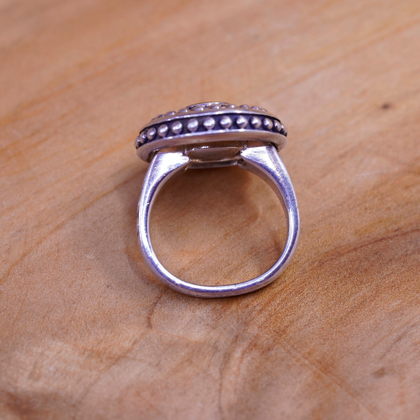 Size 5.75, vintage Kameleon sterling 925 silver handmade ring with cz and beads