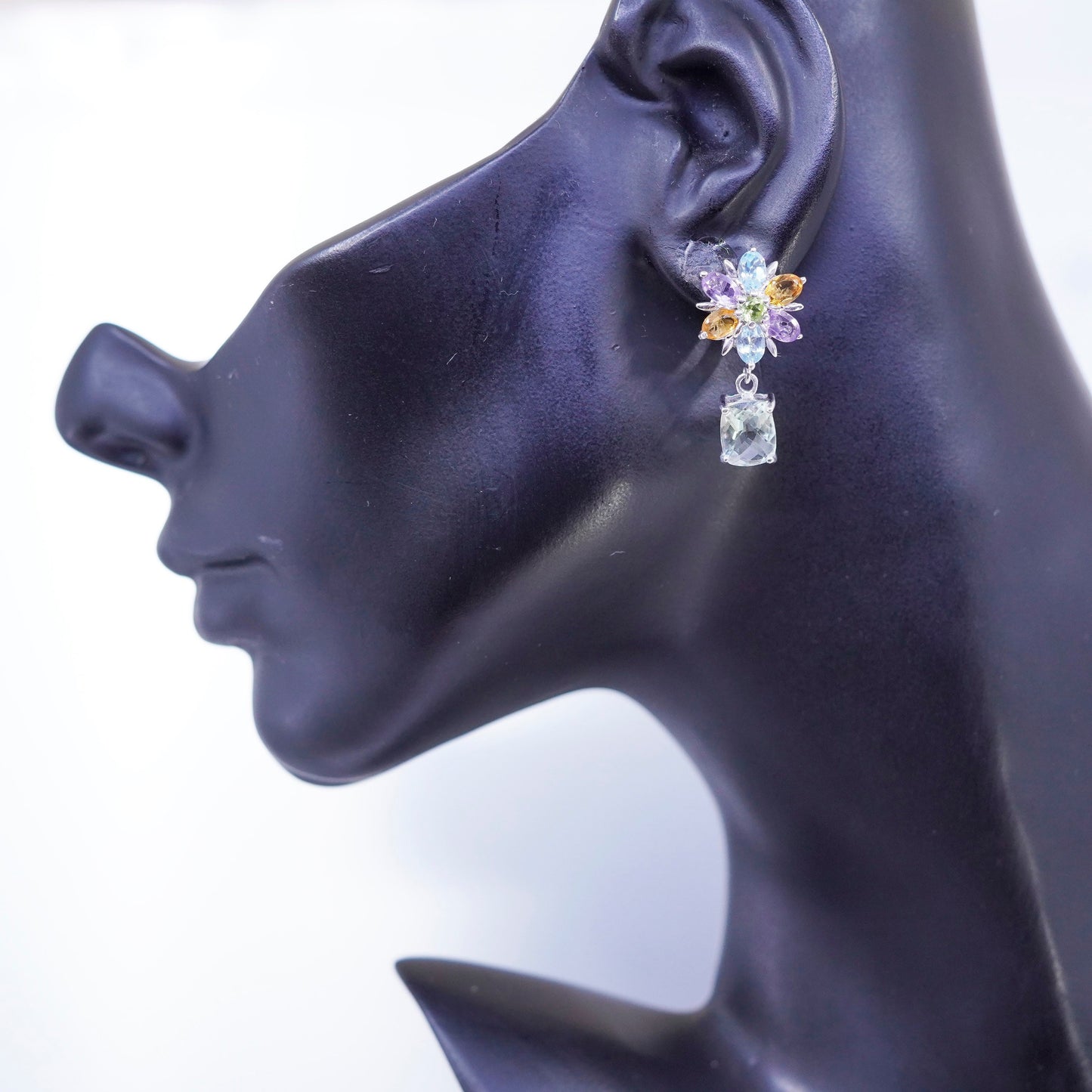 Vintage Sterling 925 silver handmade flower earrings citrine amethyst peridot