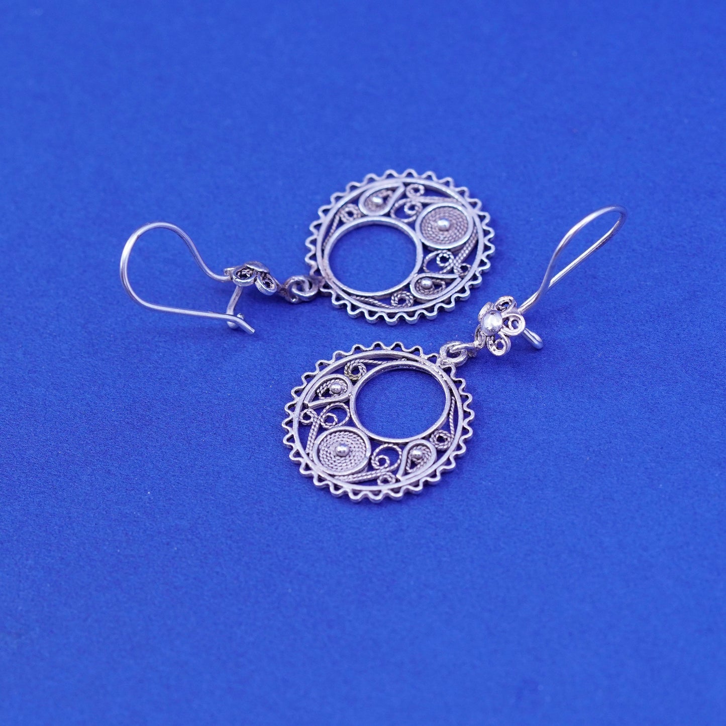 Vintage DCS sterling silver handmade earrings, 925 filigree round dangles