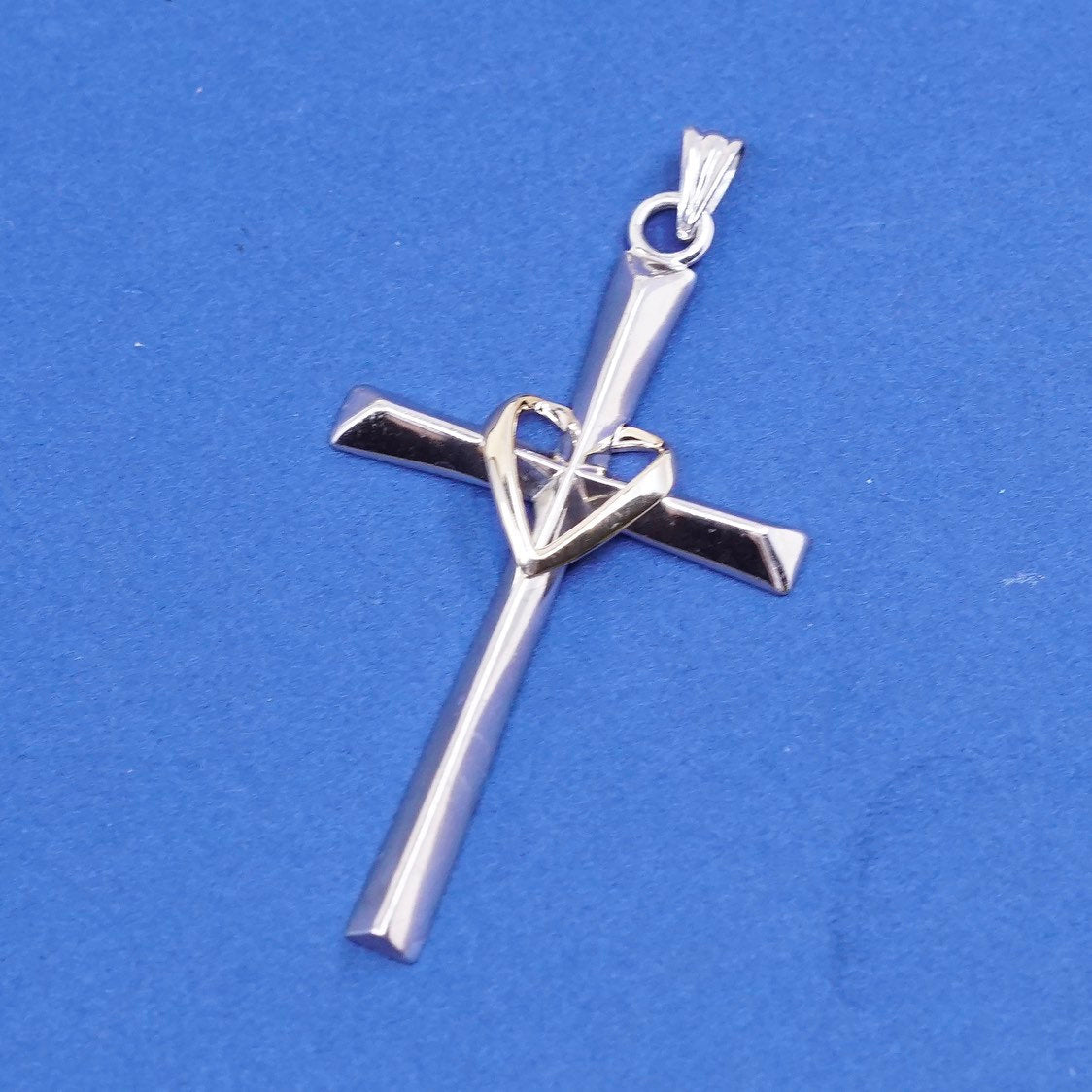 vtg Love earth Sterling silver prayer pendant, 925 cross 2/ 10K gold heart