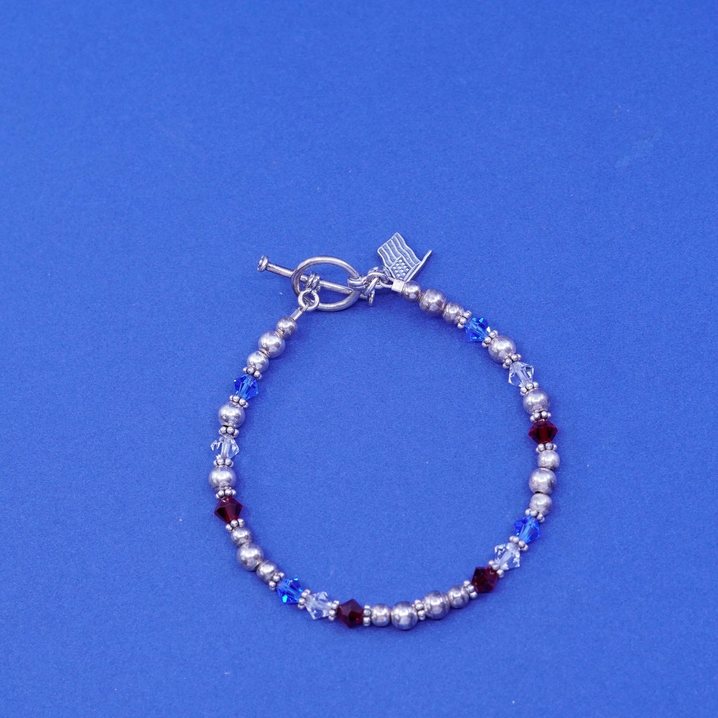7”, sterling 925 silver handmade beads bracelet w/ crystal American flag charm