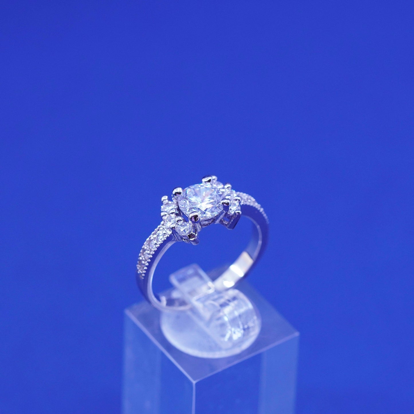 Size 9.25, vintage Sterling 925 silver engagement ring with clear cz stones