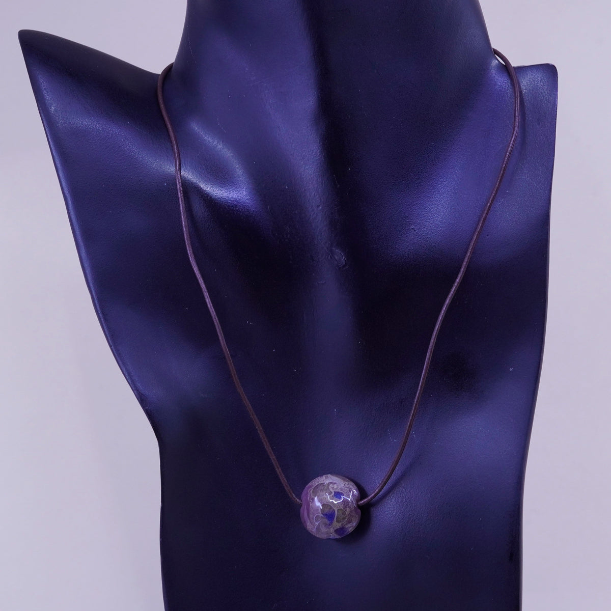 18", sterling 925 silver necklace brown leather core artisan glass pendant