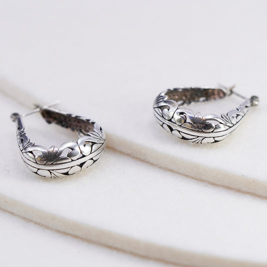 0.75”, vintage Jezlaine Sterling silver filigree hoop earrings, 925 huggie