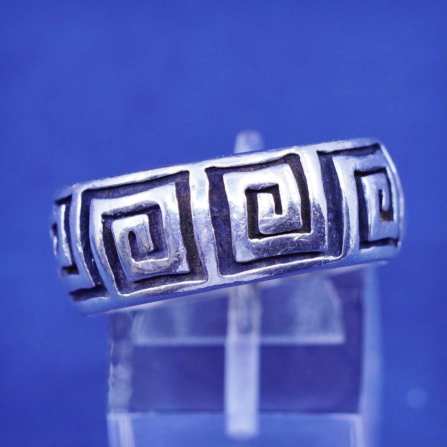 Size 10.5, vtg sterling silver handmade ring, 925 wide band embossed Greek key
