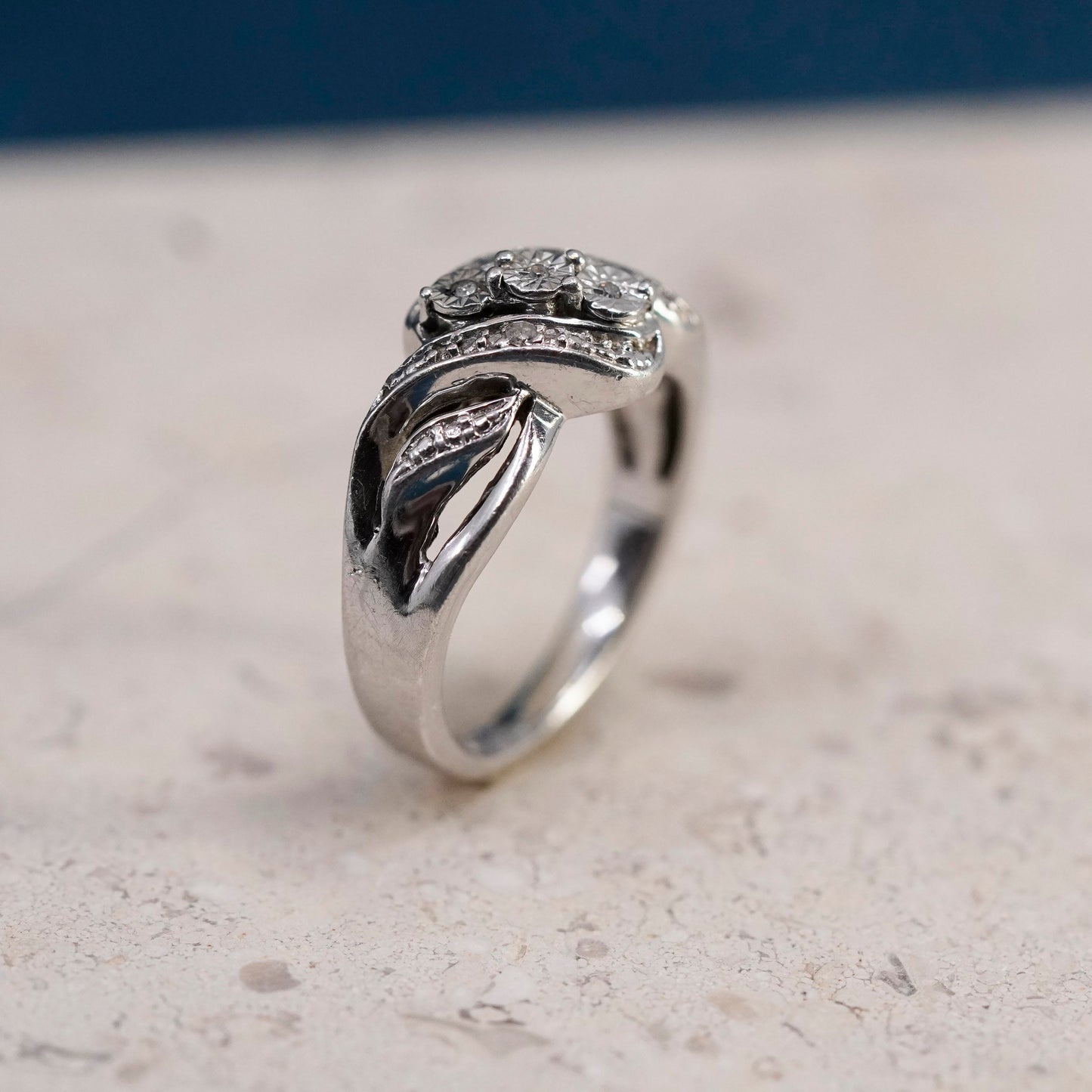 Size 7, vintage Sterling 925 silver handmade ring with genuine diamond