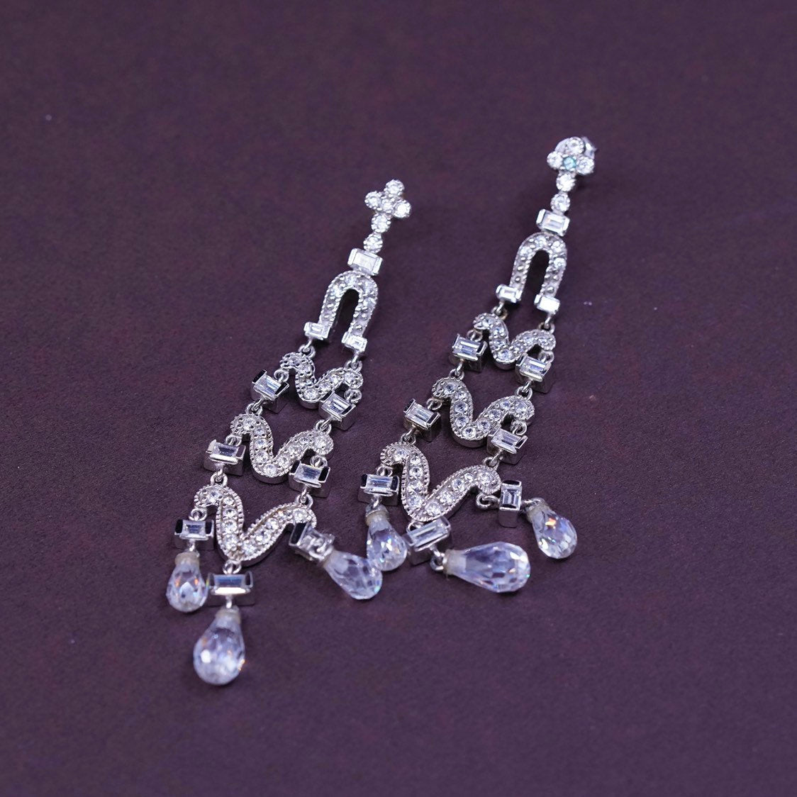 vtg CC Sterling silver handmade earrings, 925 w/ teardrop Swarovski crystal