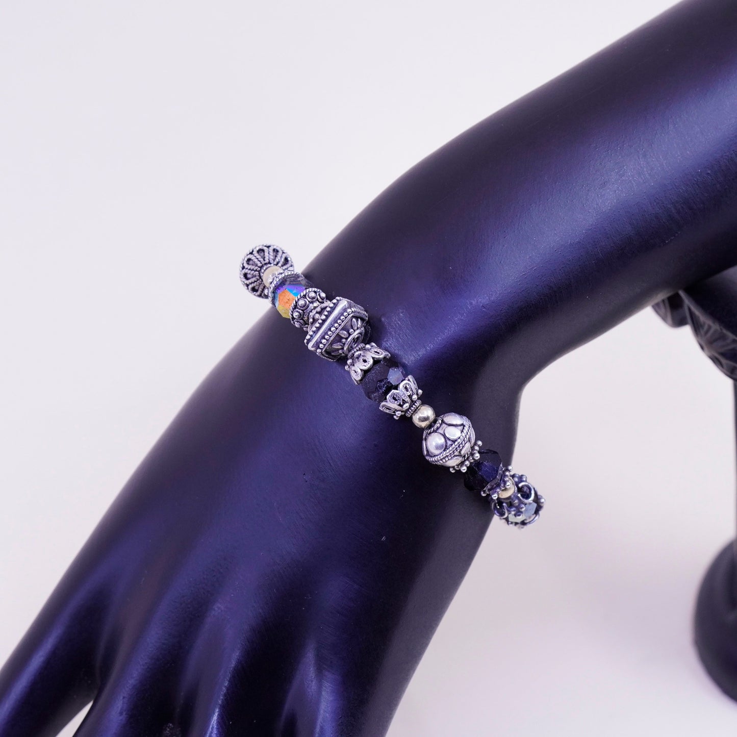 6.75”, vtg Sterling 925 silver handmade Bali bracelet, 14K gold beads crystal
