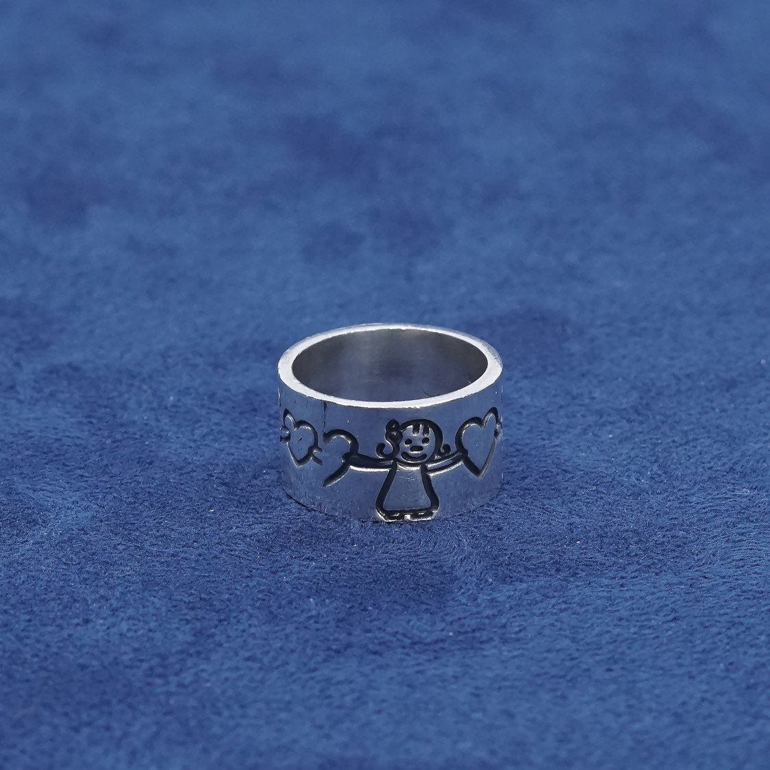 sz 6.5, vtg Sterling silver handmade ring, FAS 925 band engraved kids n heart