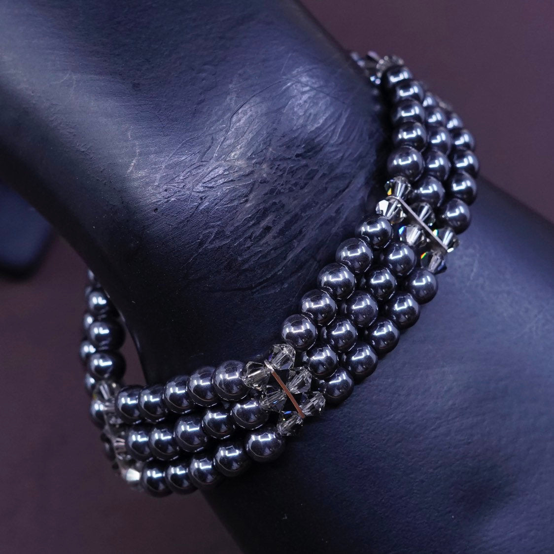 7” 1960s sterling 925 silver handmade bracelet, hematite marcasite
