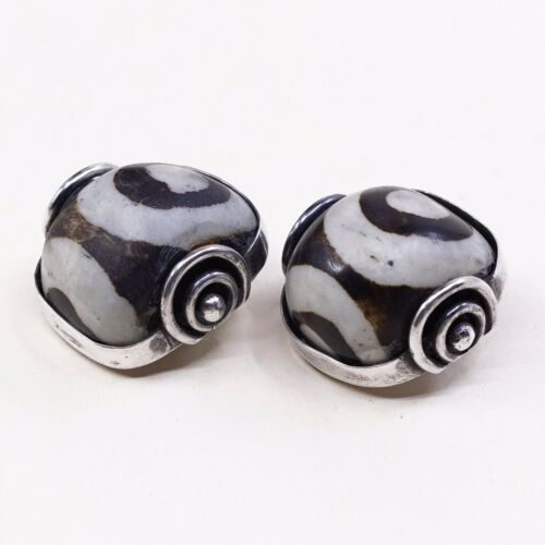 Avio Sterling Silver Handmade Earrings, Mexico Clip On W/ Black N White Tree Nut