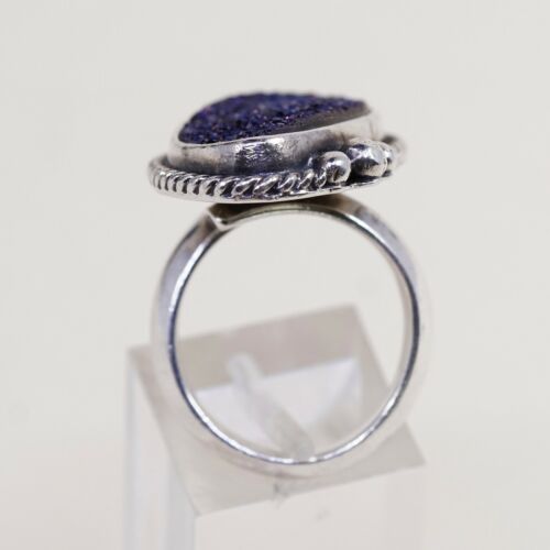 Sz 6, Vtg Sterling 925 Silver Handmade Ring w/ Obsidian Blue Druzy, Stamped