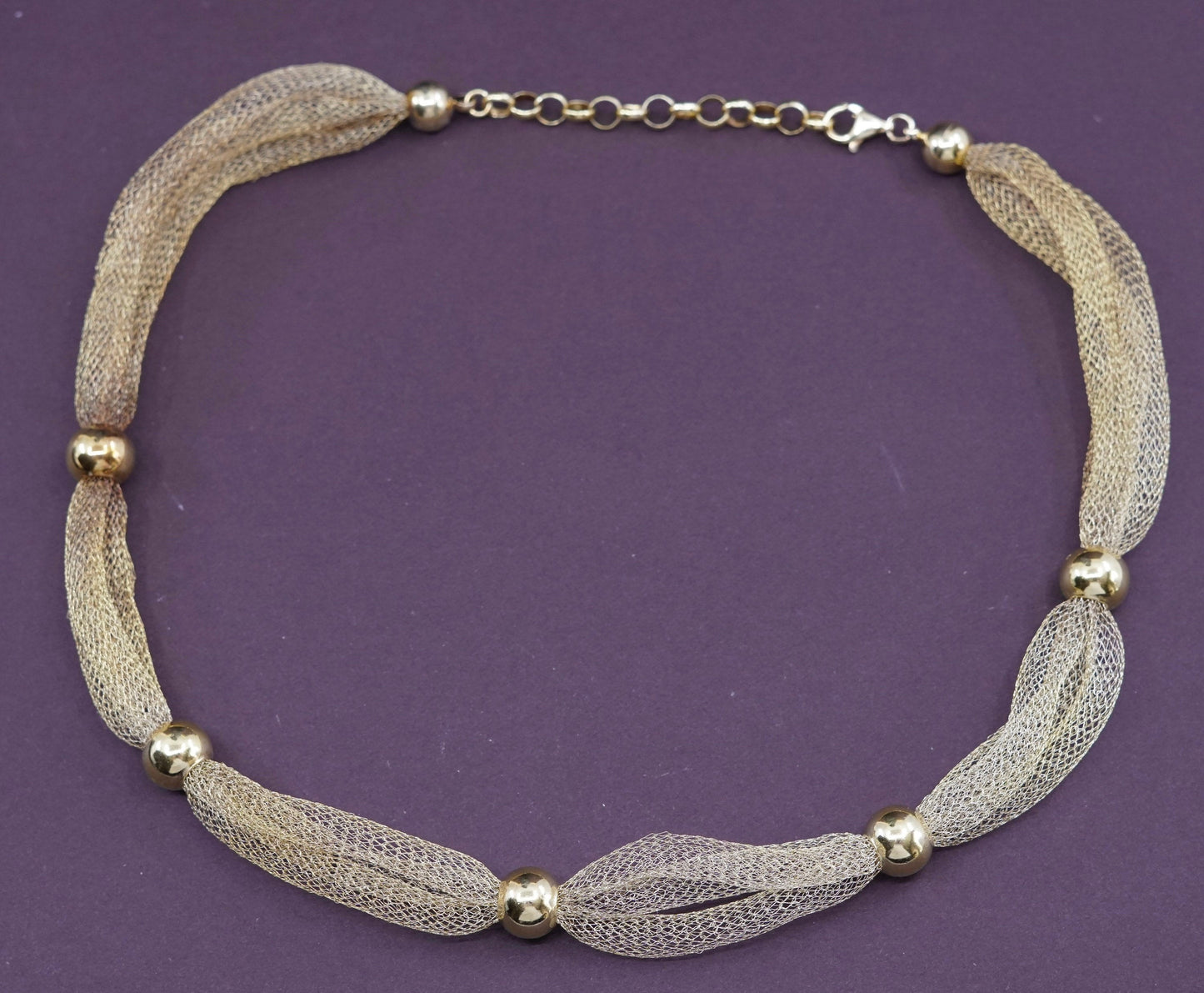 18+2”, vintage italy Sterling silver mesh chain with bead, vermeil gold over