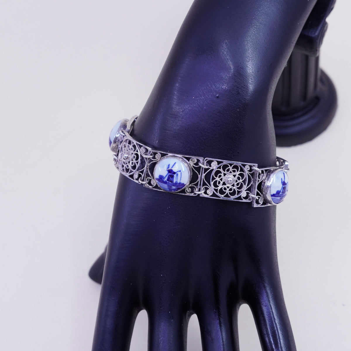 vtg Holland Delft Blue Windmill .925 Sterling Silver Bezel filigree bracelet