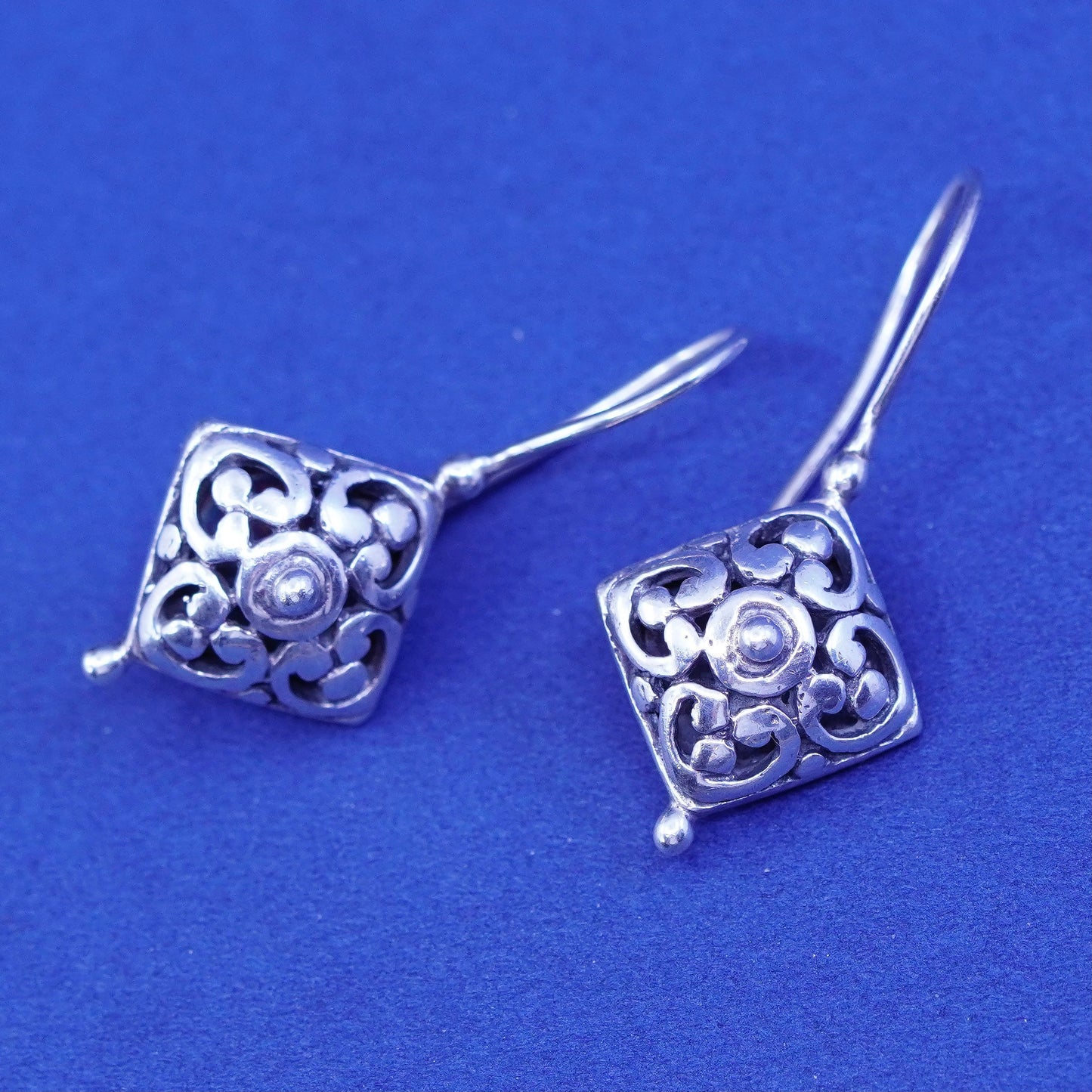 Vintage sterling silver handmade earrings, 925 filigree Bali diamond drop,
