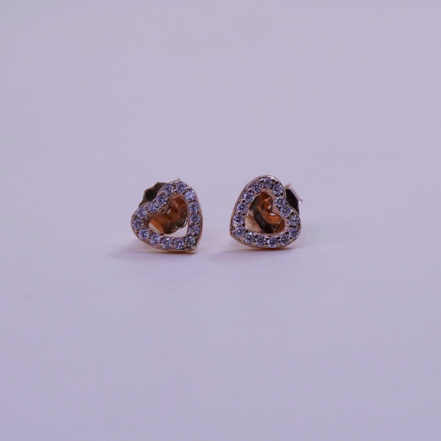 Vintage rose gold over sterling 925 silver heart cz studs, minimalist earrings
