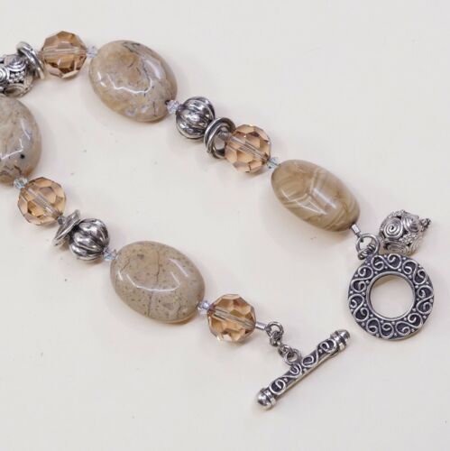 7”, Vtg Sterling Silver Handmade Bracelet 925 W/ Agate Beads N Toggle Closure