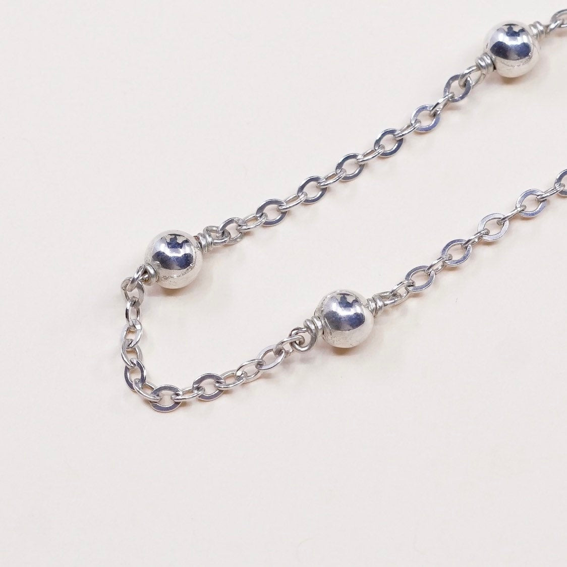 13", Sterling silver necklace, Italy 925 flatten circle chain w/ beads pendants