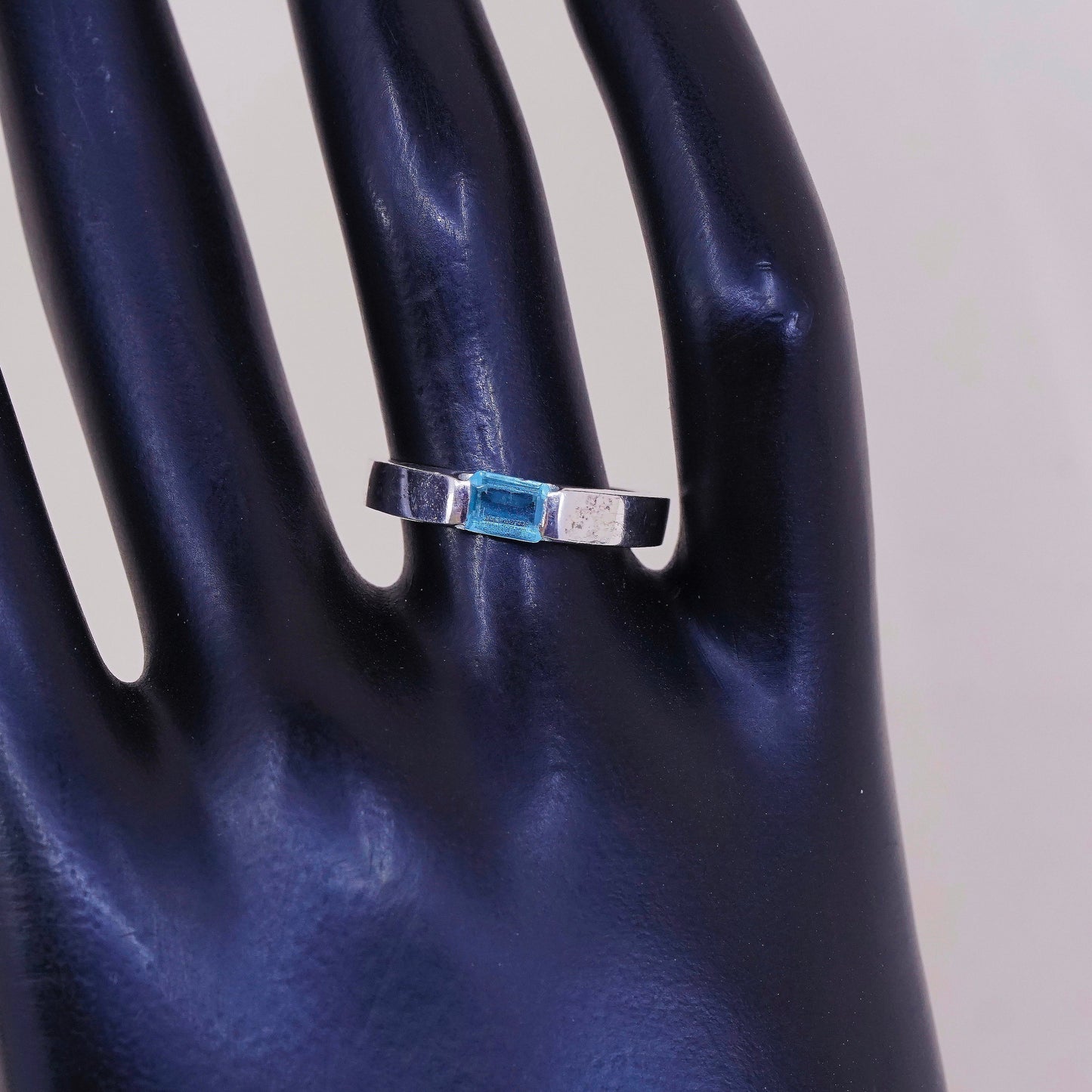 sz 7.25, vtg Sterling silver statement ring, 925 stackable band w/ blue topaz