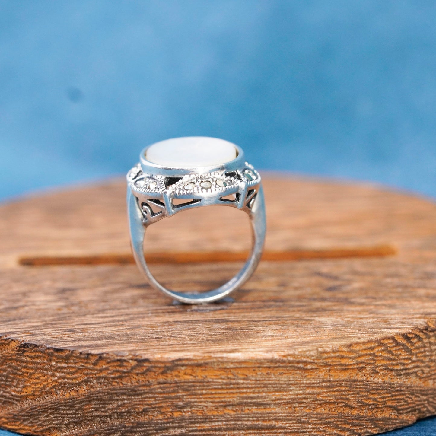 Size 6.5, sterling 925 silver handmade ring with mother of pearl and marcasite