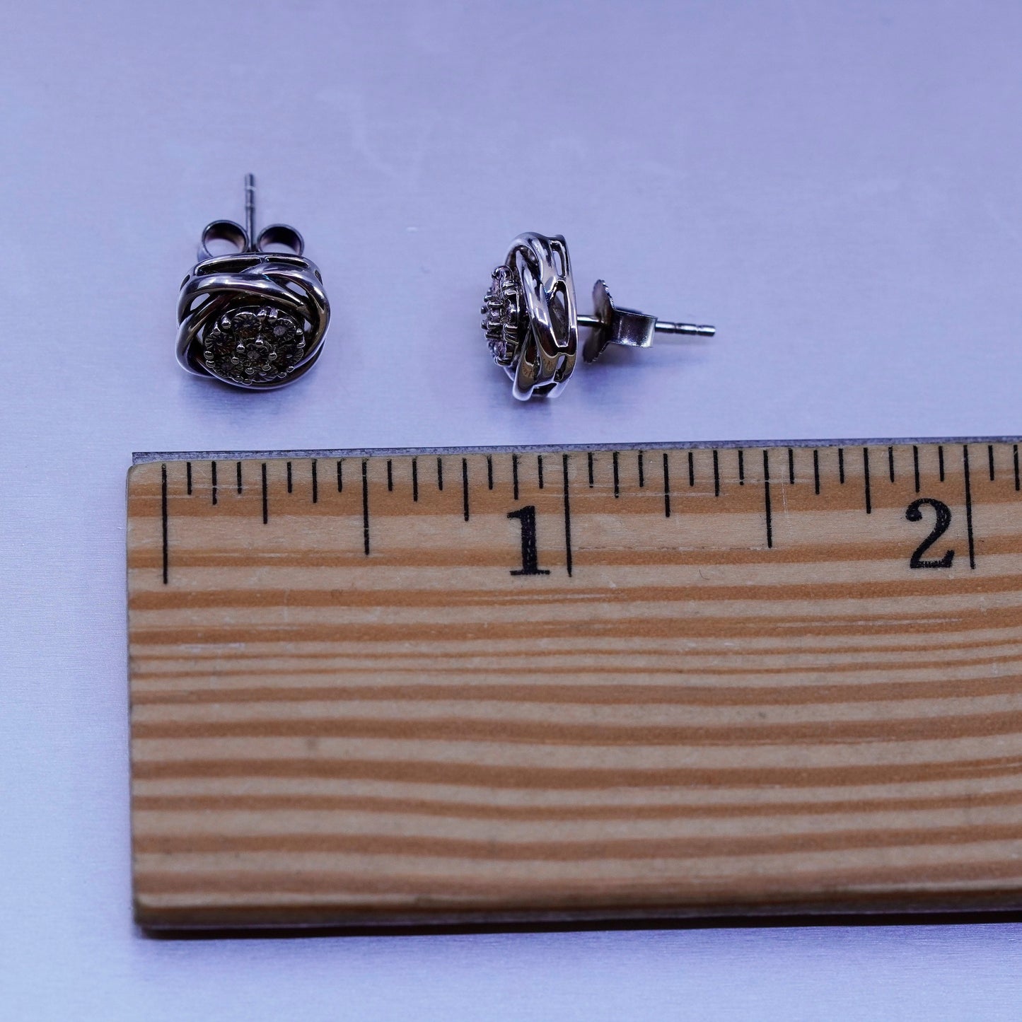 Vintage Sterling 925 silver earrings, entwined studs with diamond inlay