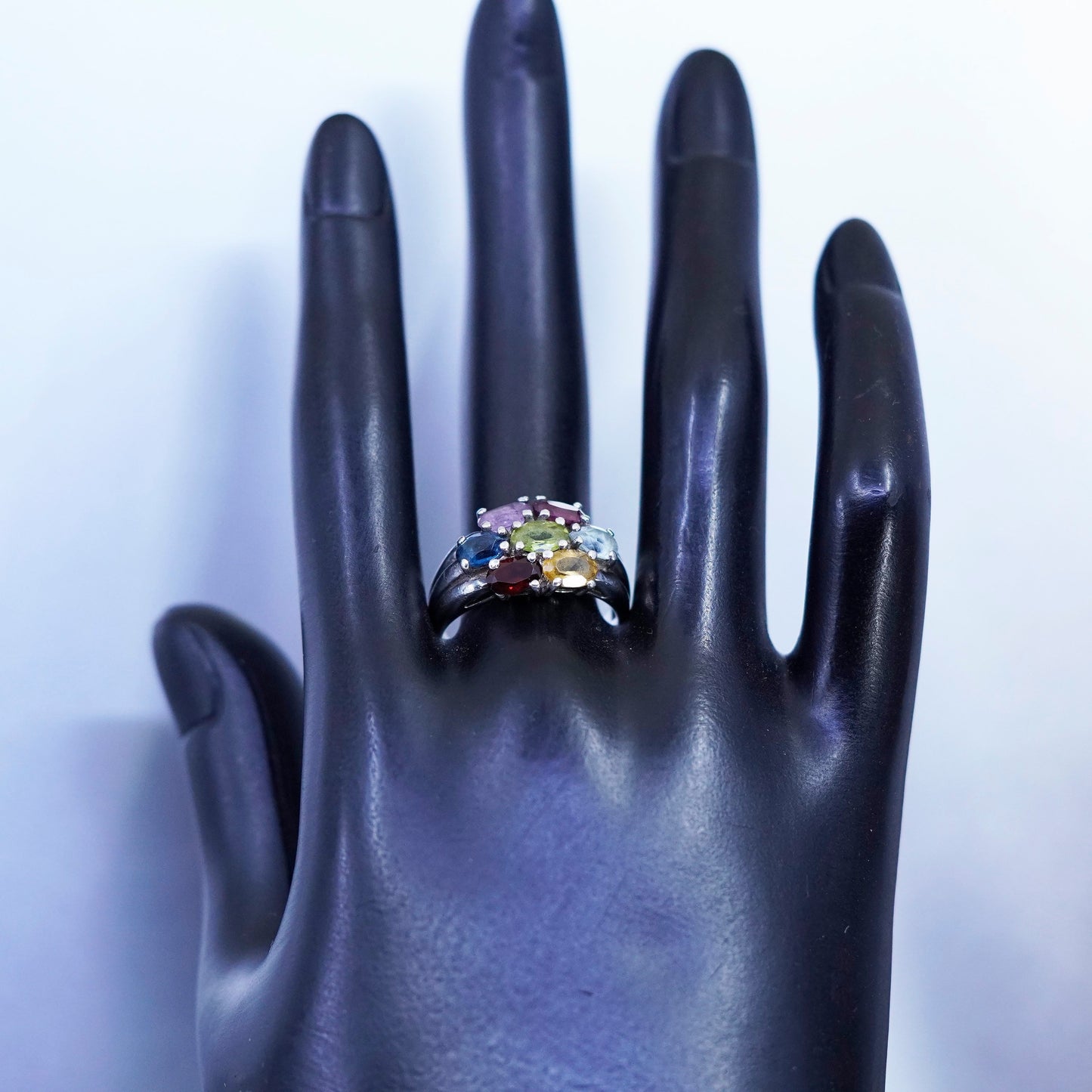 Size 9, Sterling 925 silver handmade ring w/ amethyst peridot citrine ruby topaz