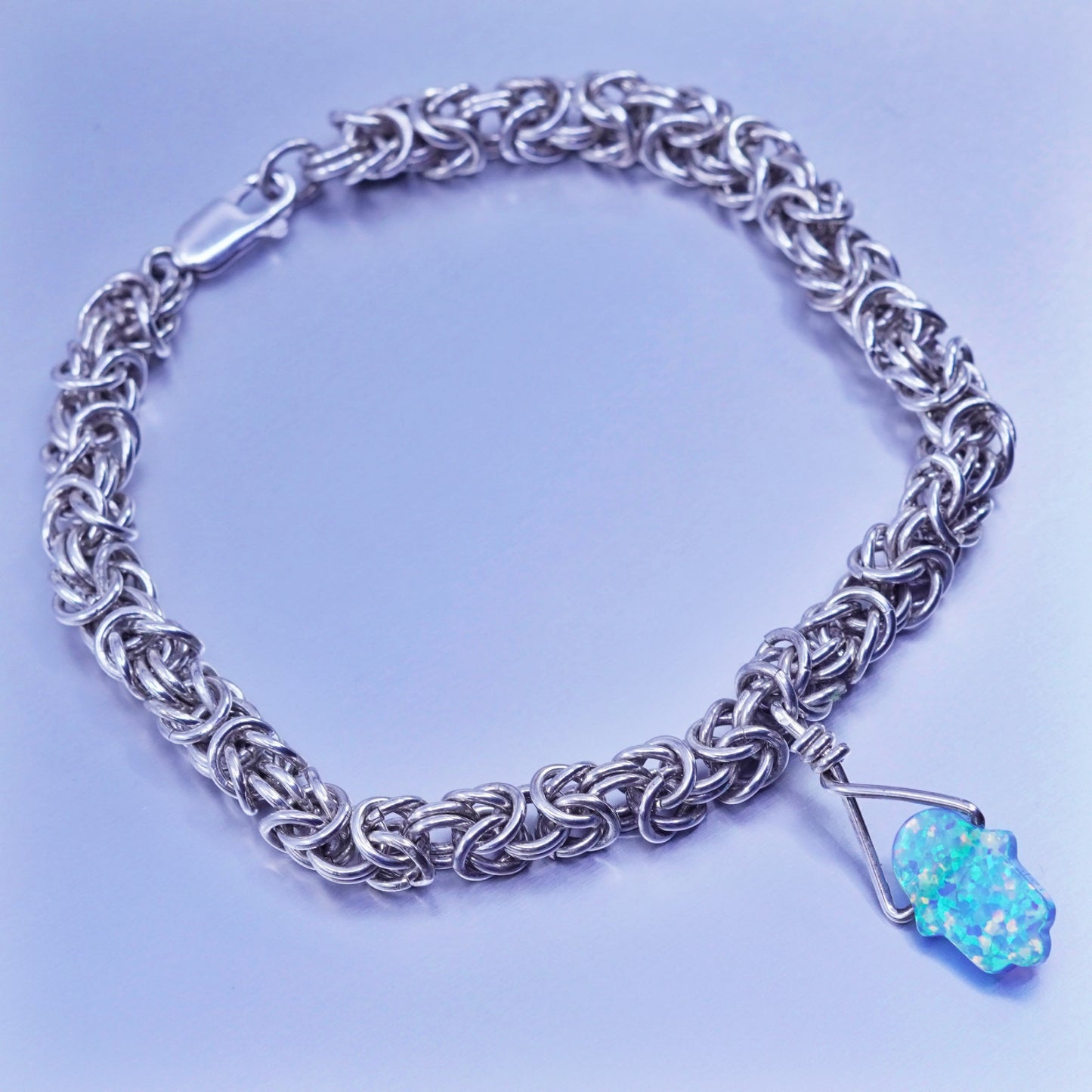 7.75”, Sterling silver bracelet 925 Byzantine birdcage chain opal hand charm