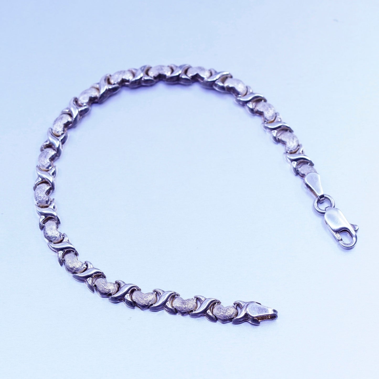 7.5”, vintage Sterling 925 silver handmade bracelet, matte heart chain