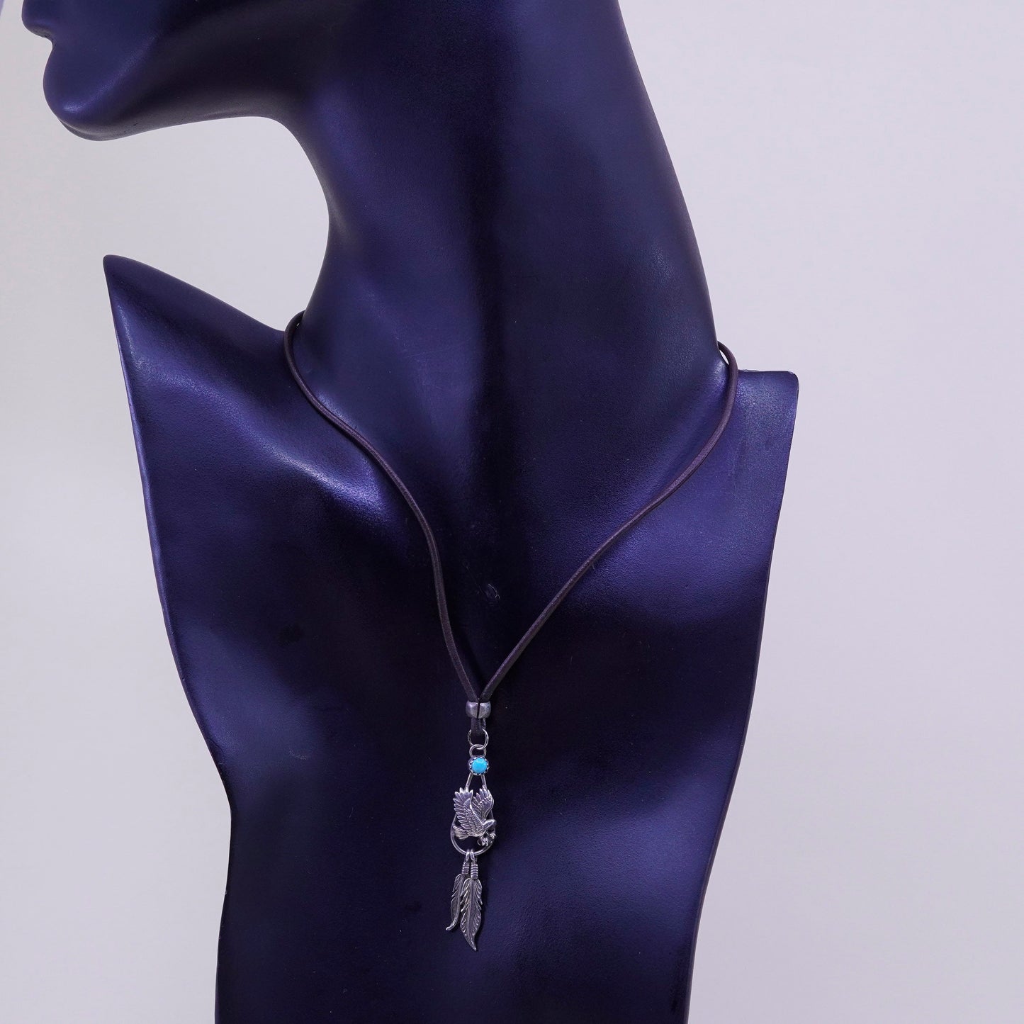 14”, Native American sterling silver necklace, 925 eagle pendant leather chain