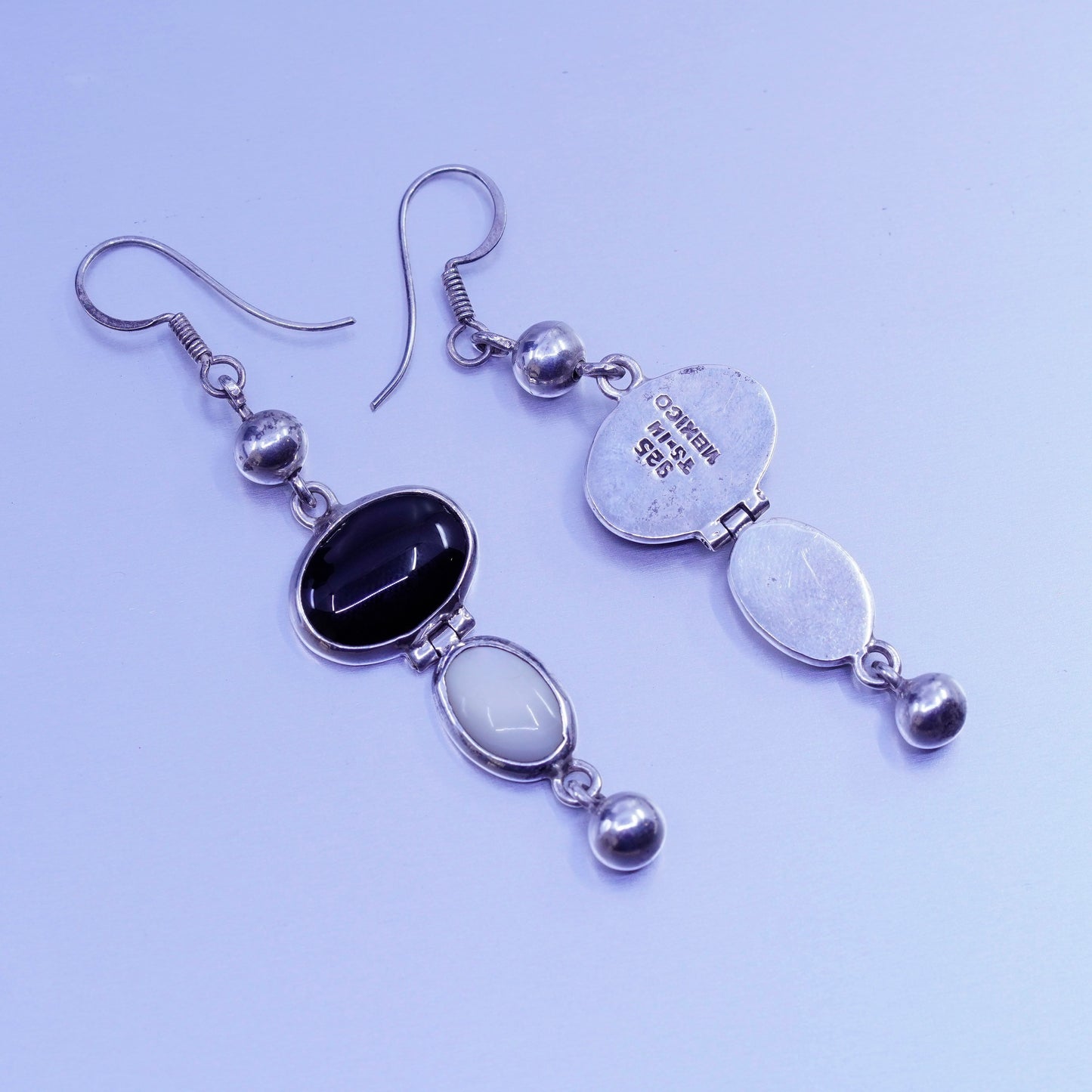 Vintage Sterling 925 silver handmade earrings w/ oval obsidian mother of pearl