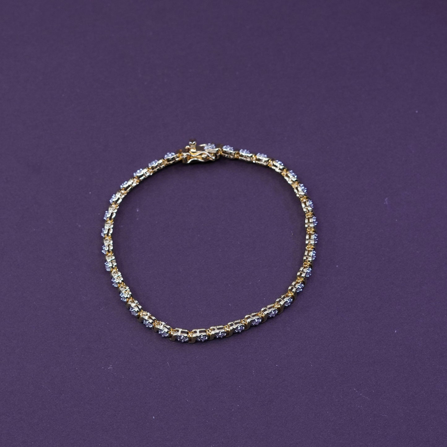 7.25”, vermeil gold over Sterling 925 silver tennis bracelet, chain diamonds