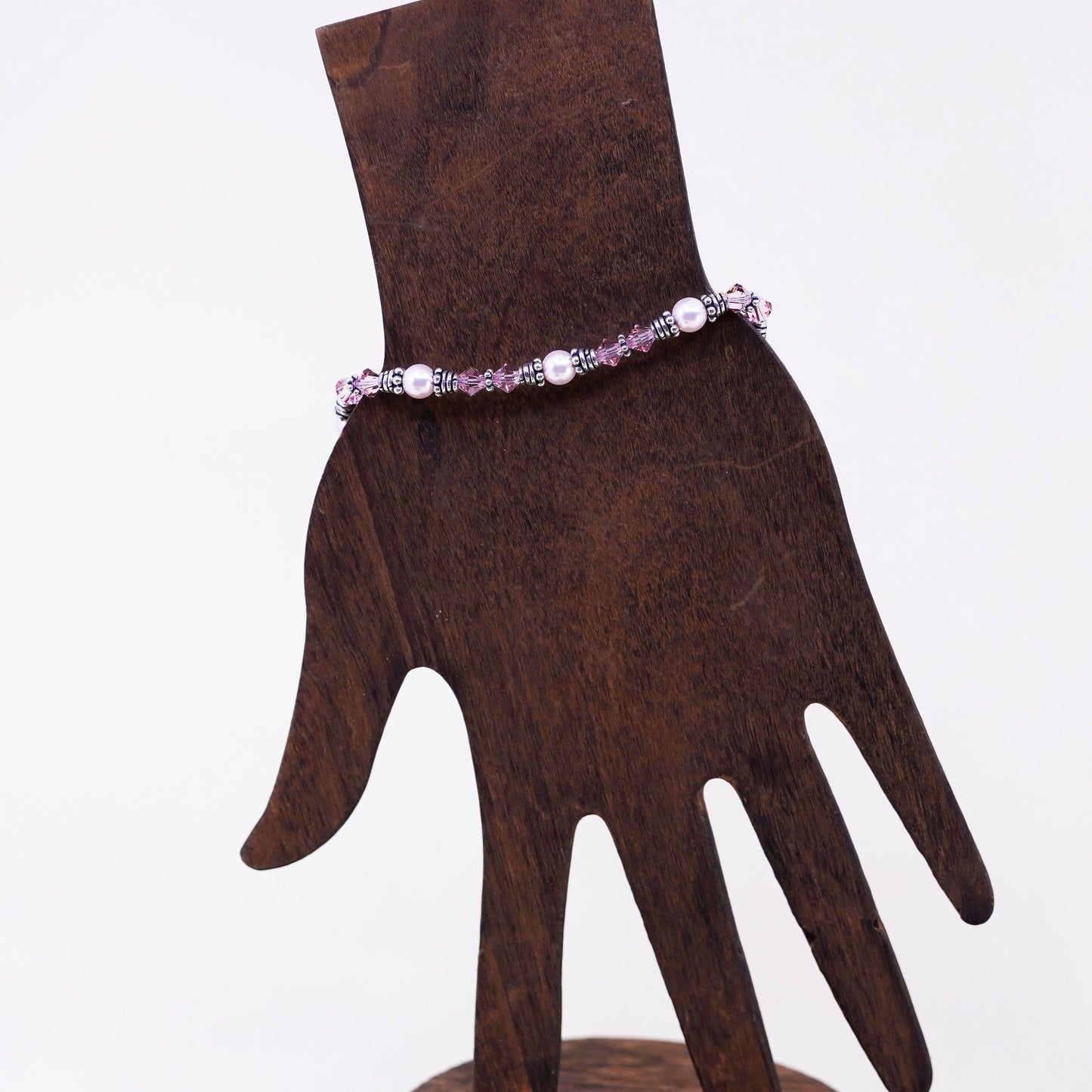 7”, Sterling silver bracelet, 925 bead chain pink crystal breast cancer ribbon