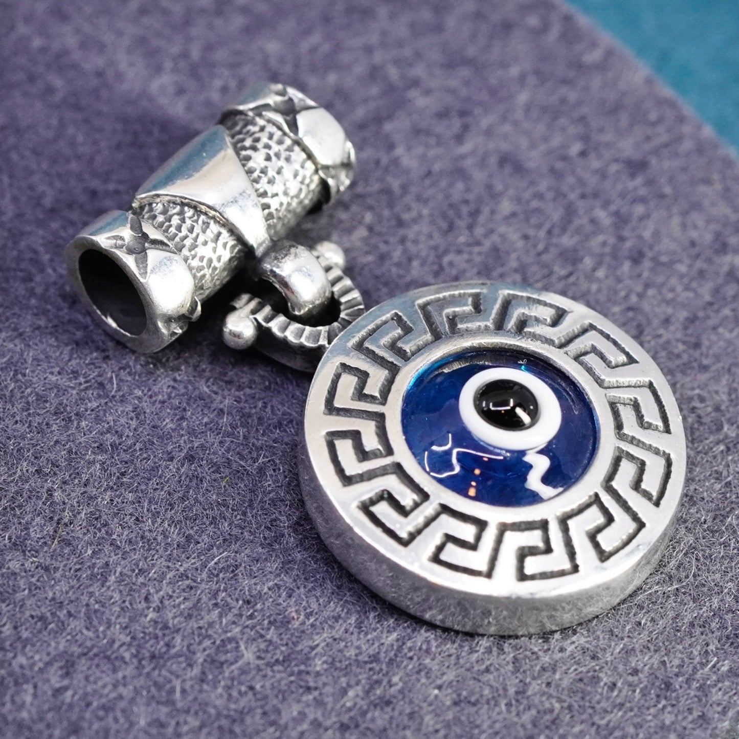 Vintage Sterling 925 silver handmade blue glass evil eye slide pendant charm
