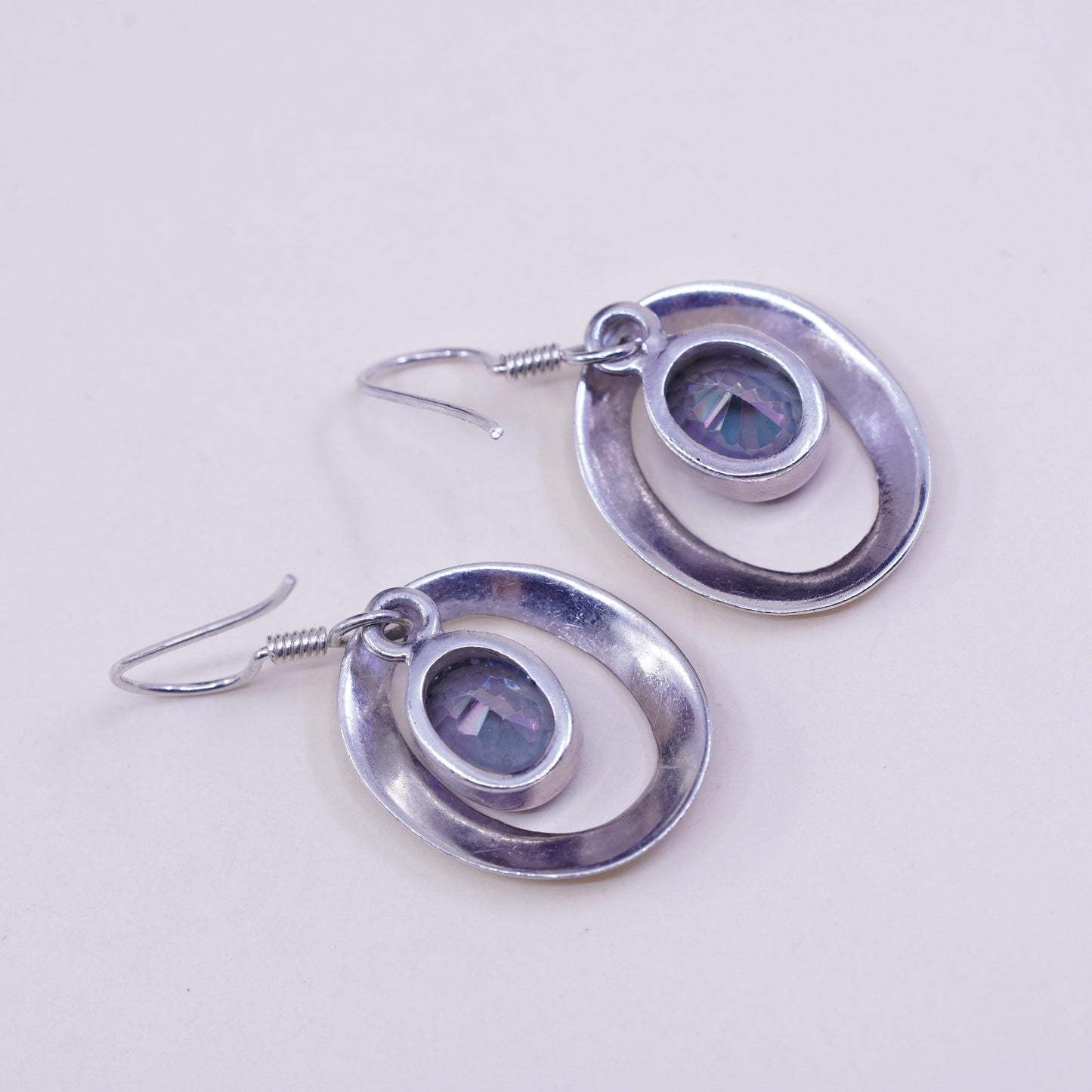 Vintage sterling 925 silver handmade earrings with rainbow topaz drops, stamped 925