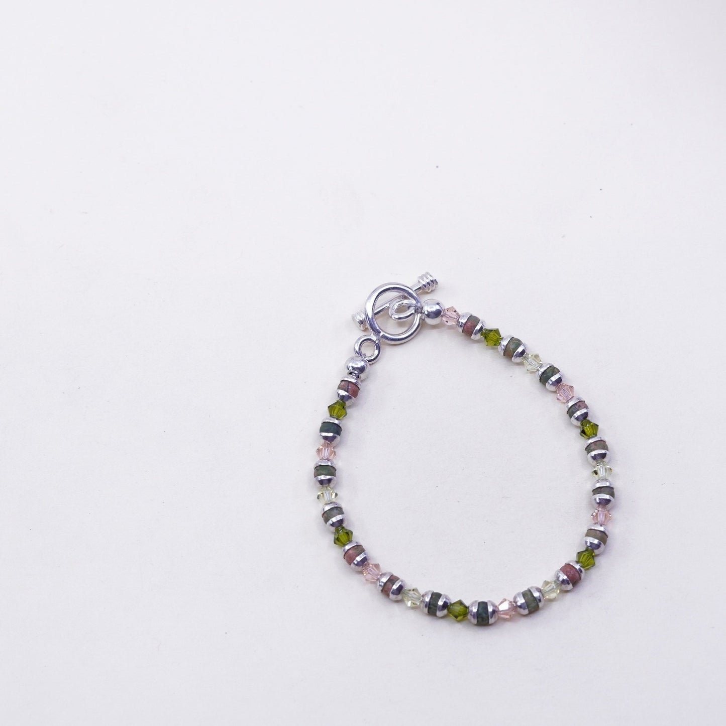 6.75”, Vintage Sterling 925 silver handmade bracelet with pink crystal Unakite
