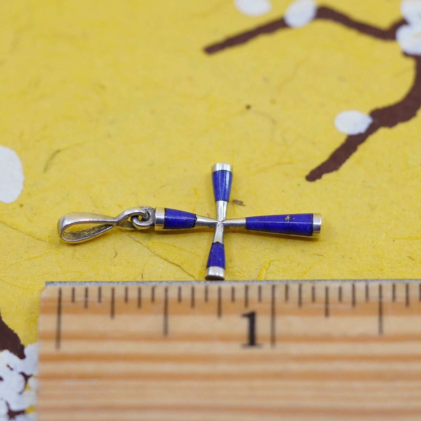 Vintage Sterling silver handmade pendant, 925 cross with lapis lazuli inlay