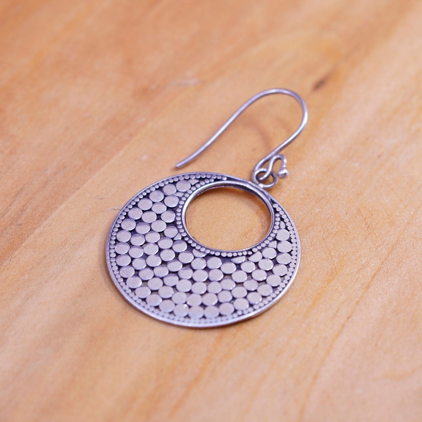 Vintage Sterling silver handmade earrings, 925 bead textured disc