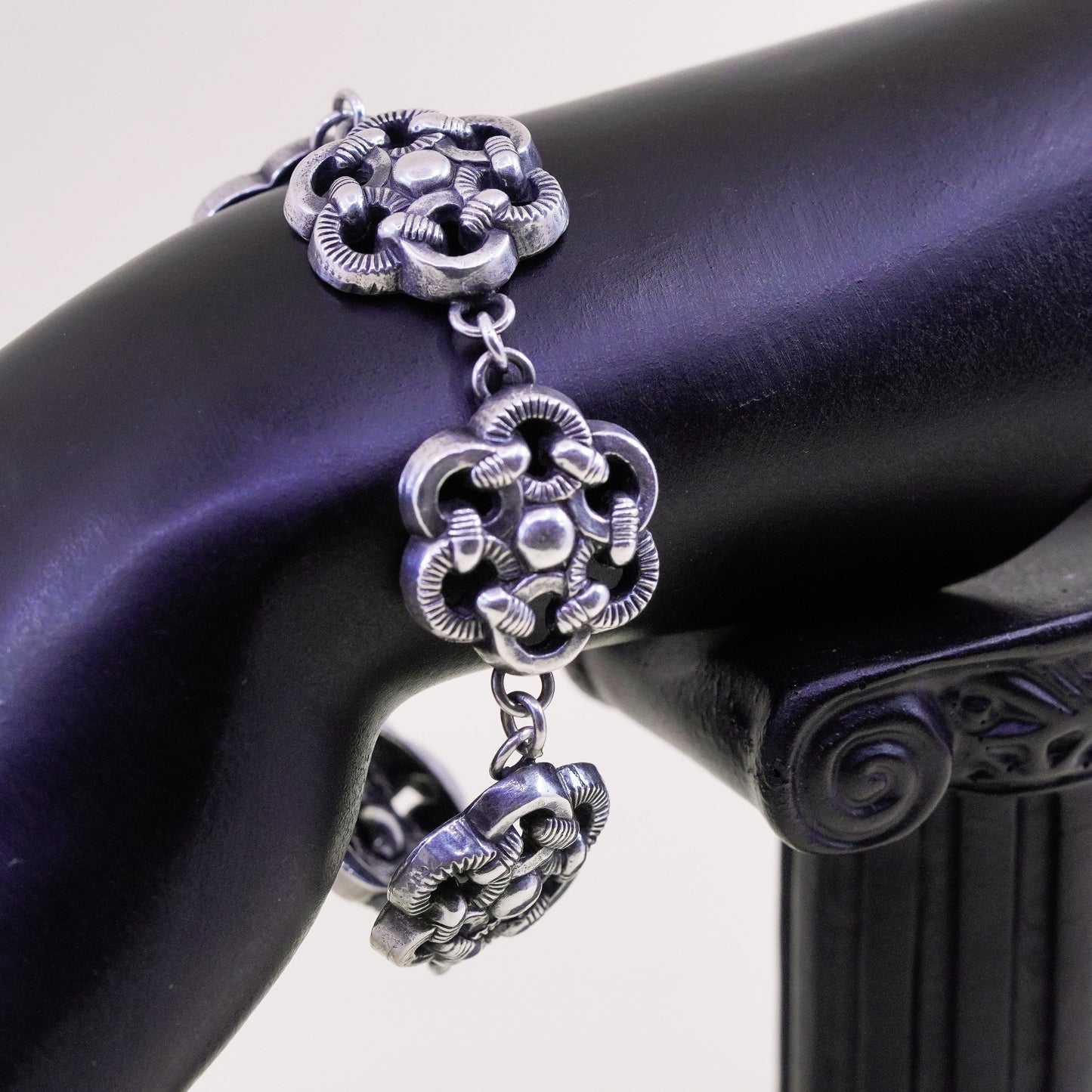 6.5”, vintage sterling 925 silver handmade bracelet, knotted floral pink chain