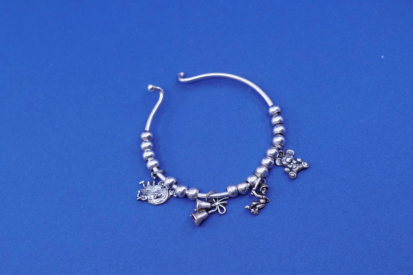 7”, southwestern Sterling silver bracelet, 925 beads bangle with Noah’s ark