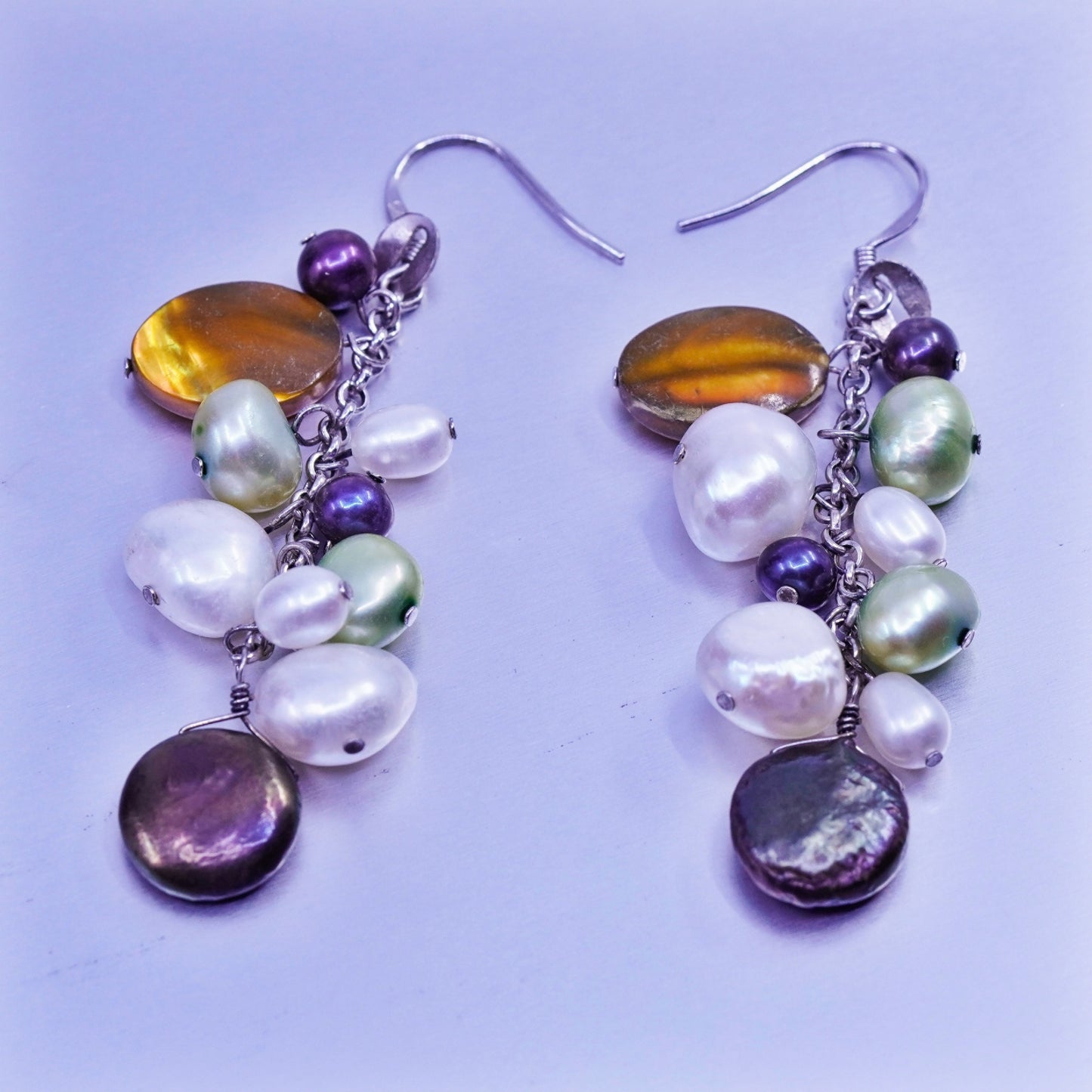 Vintage Sterling 925 silver handmade earrings with cluster freshwater pearl