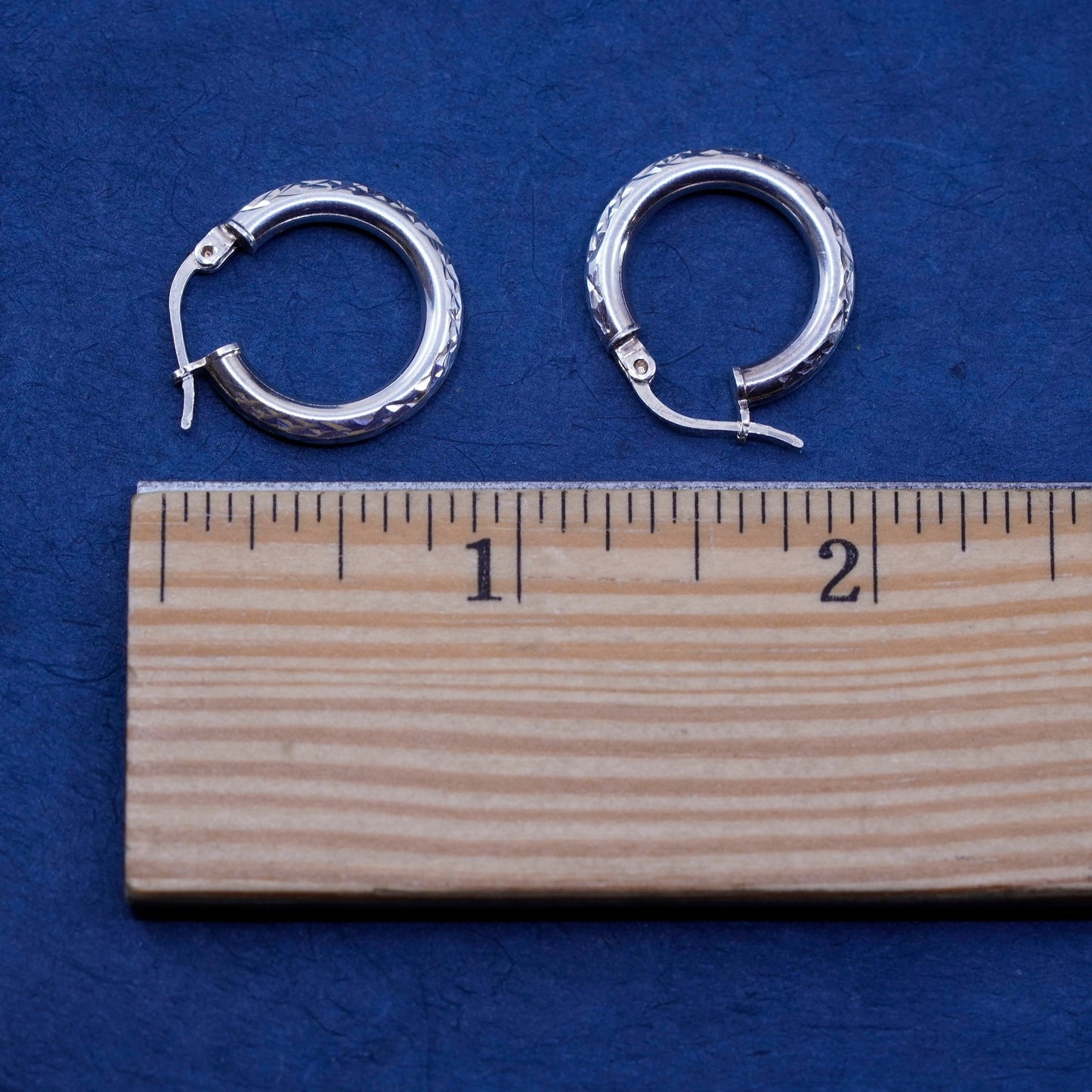 0.75”, vintage Sterling silver handmade earrings, textured 925 hoops, huggie