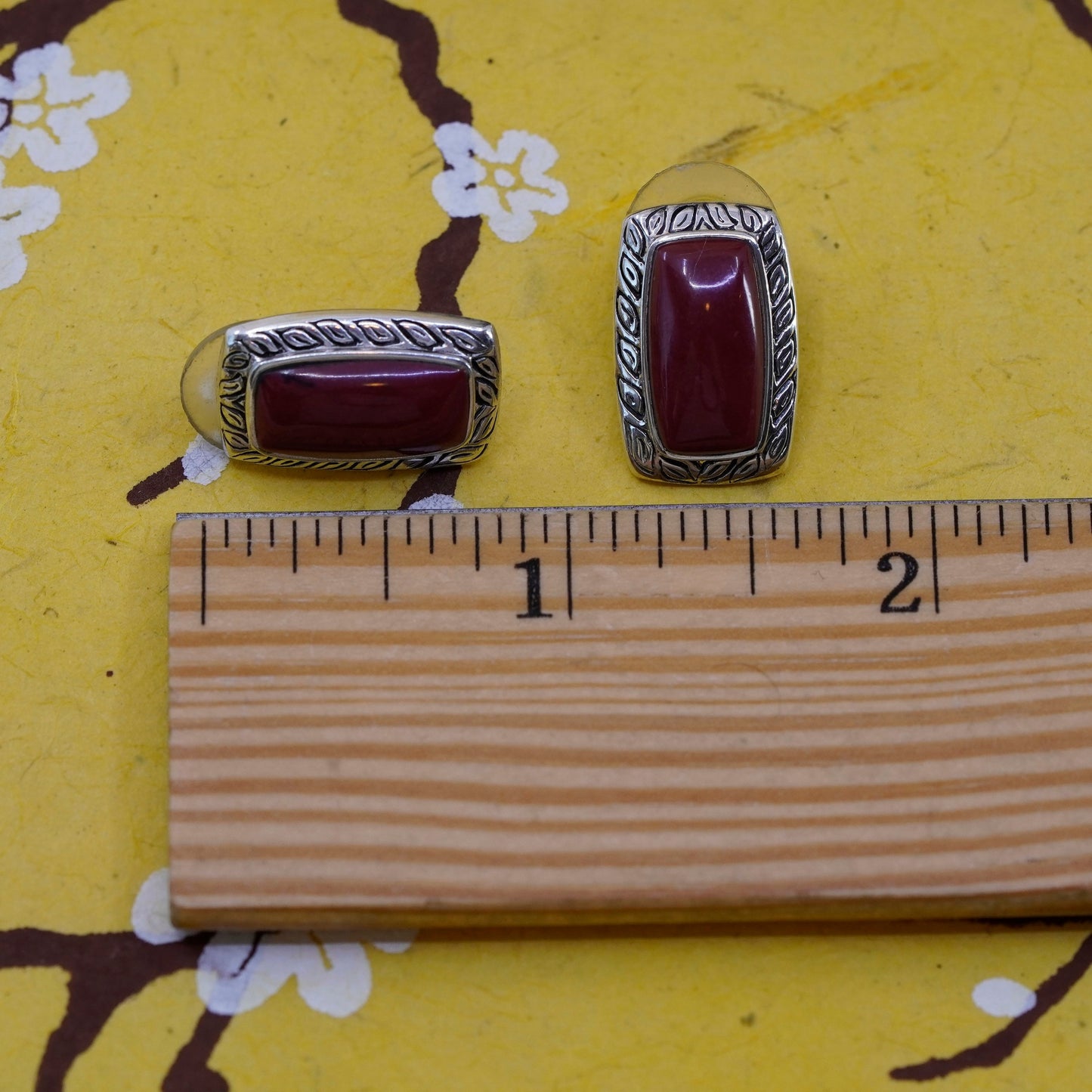 vtg Mexico Sterling silver handmade earrings, 925 rectangular studs red jasper