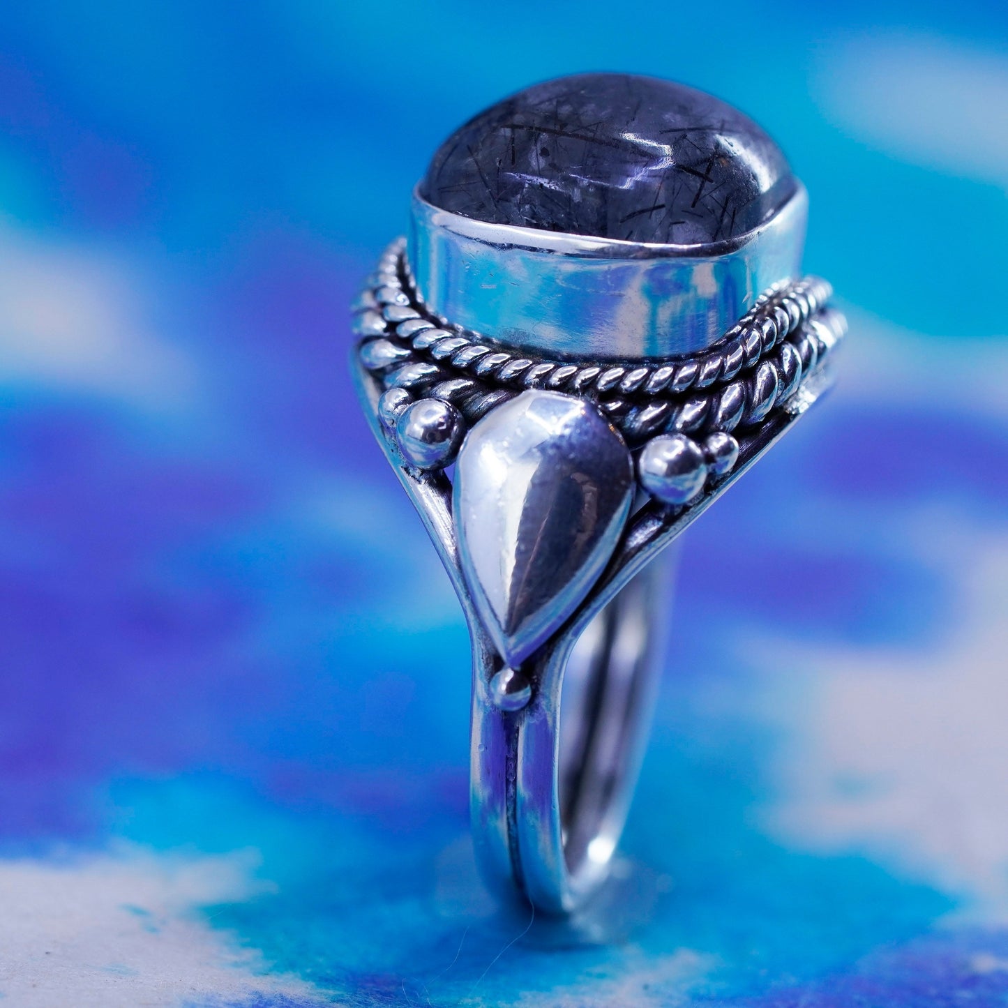Size 6, Vintage Sterling 925 silver ring with Tourmalinated Quartz and beads