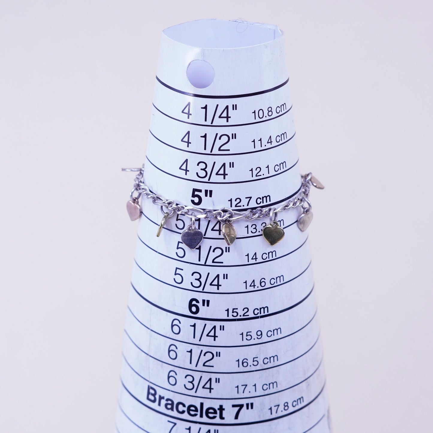 5.25”, Milor sterling silver bracelet 925 figaro chain triple tone heart charms