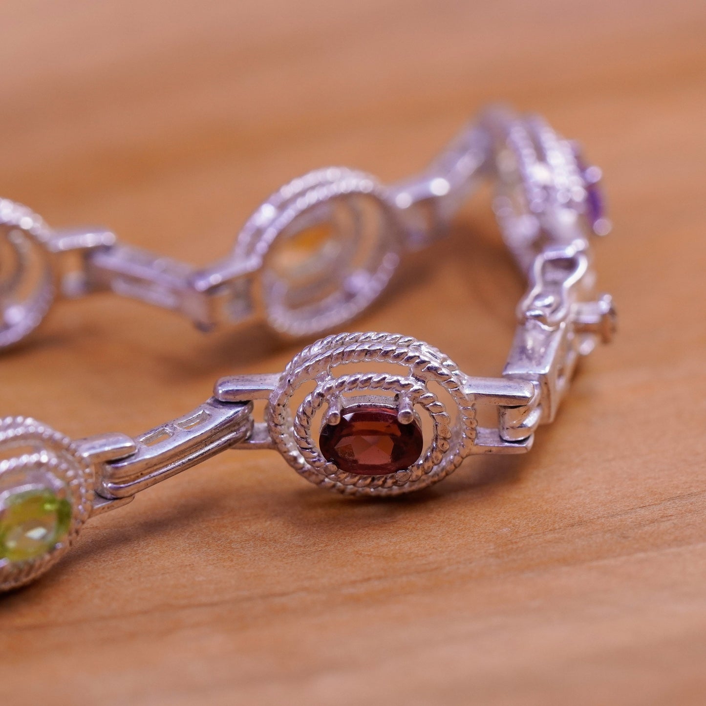 7”, vtg Sterling silver tennis bracelet, 925 bar amethyst topaz peridot citrine
