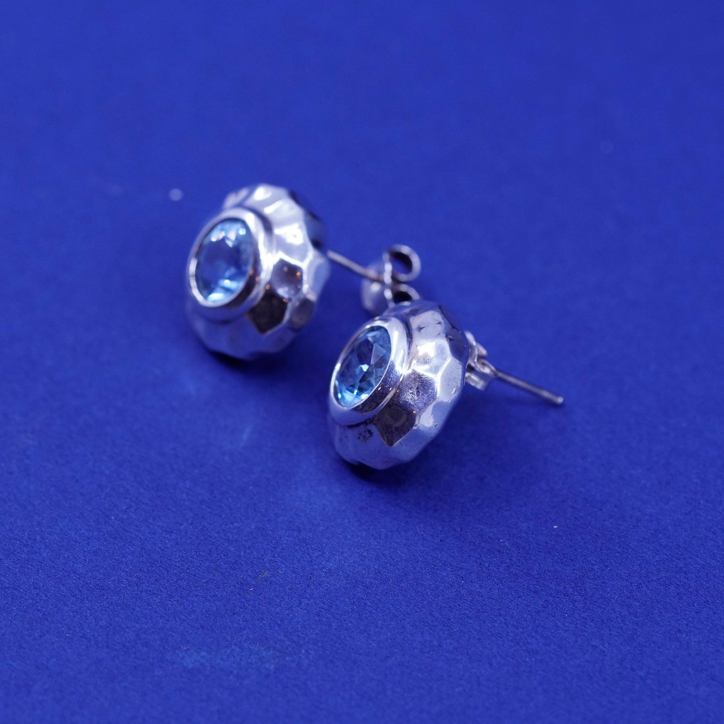 Vintage Milor sterling silver handmade earrings, round hammered 925 studs topaz