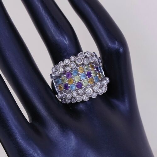Sz 7.25, Vtg Sterling 925 silver Statement ring W/ Colorful Cluster Quartz