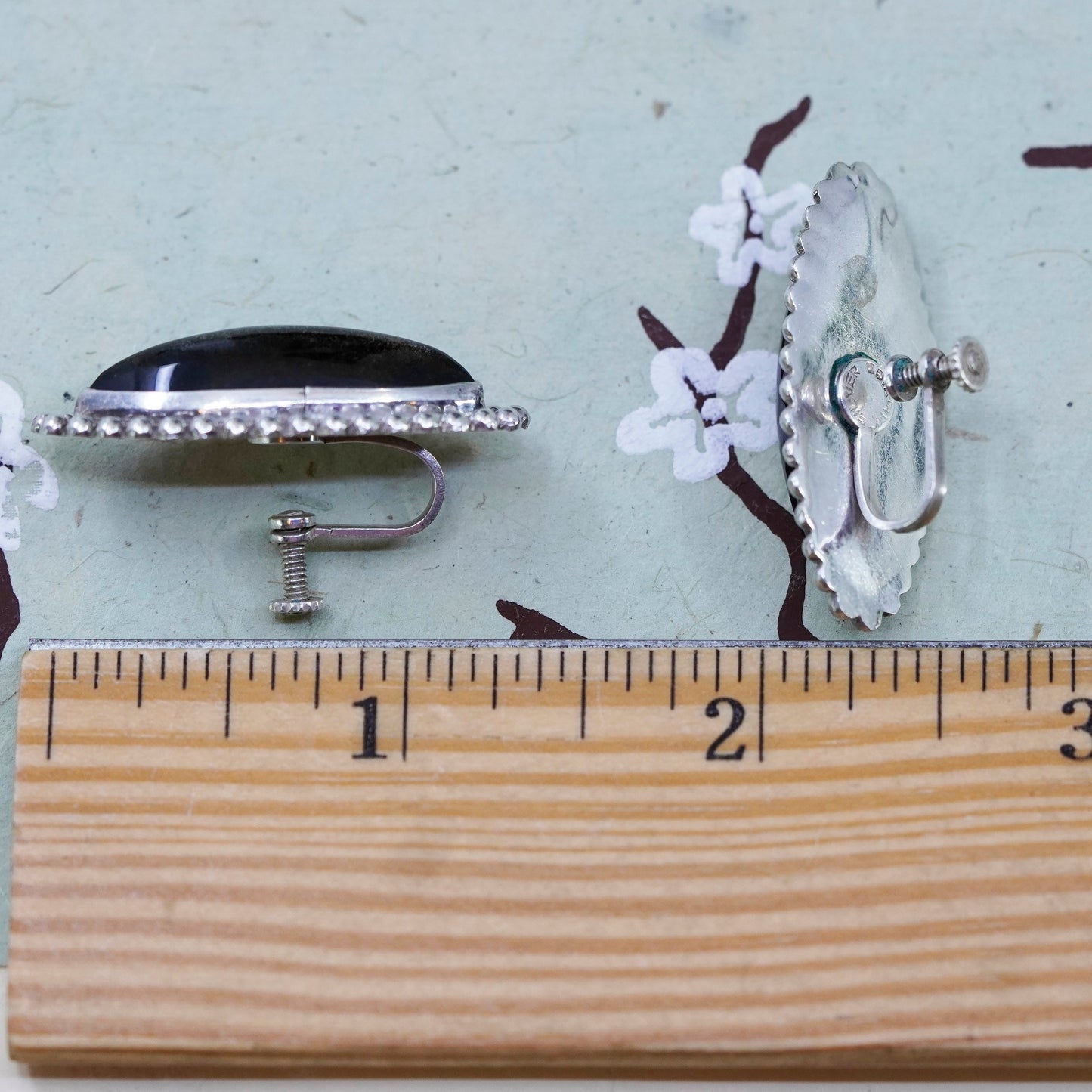 Vintage sterling 925 silver handmade screw back earrings with obsidian beads