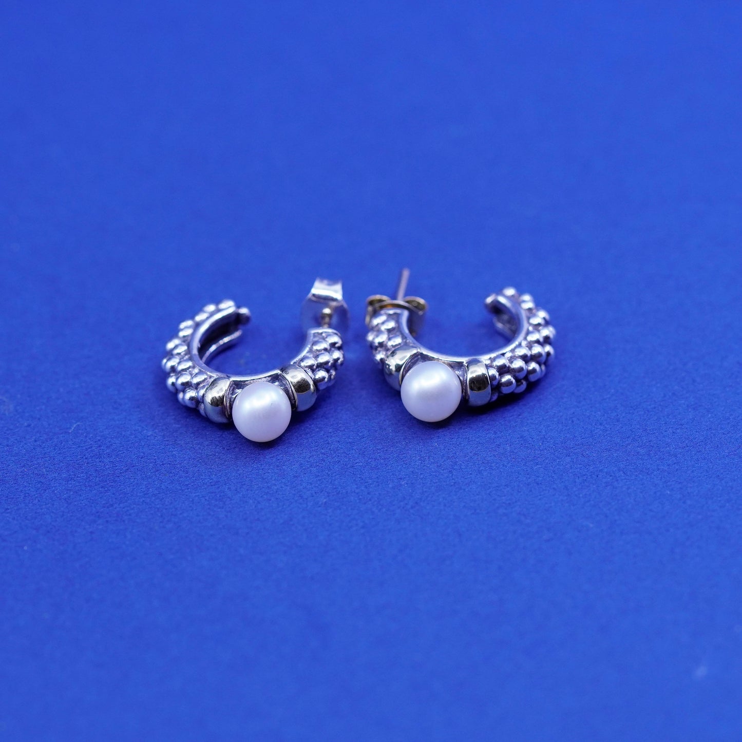 0.75” Lagos 18K gold 750 Sterling 925 Silver Caviar Huggie Earrings Studs pearl